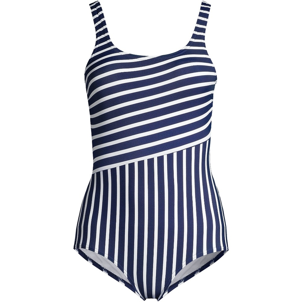 LANDS END Scoop Neck Tugless Sporty 1PC Swimsuit Navy & White 10 DD NWOT